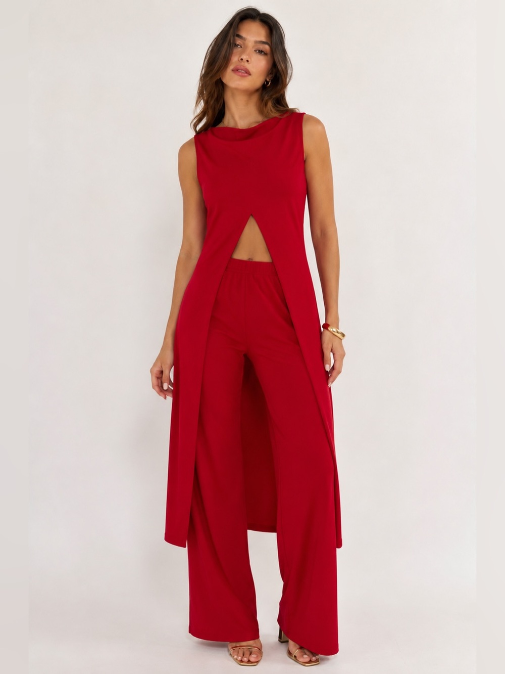 Sassy‎ Vintage Red Stretch Knit Sleeveless Red Two Piece Pant Set Sz. M